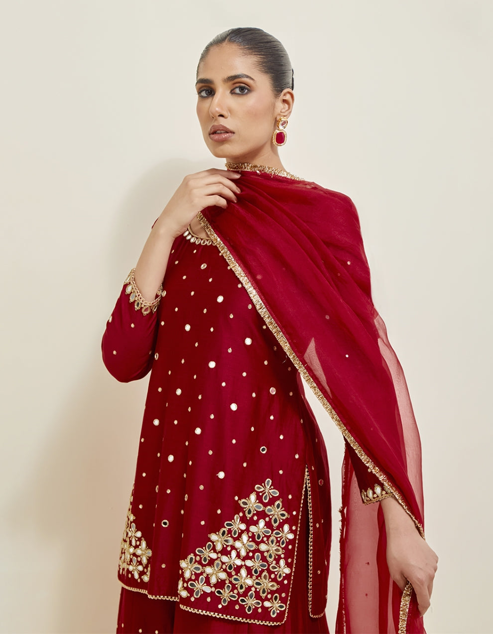 Red Hand Embroidered Chanderi Sharara Set