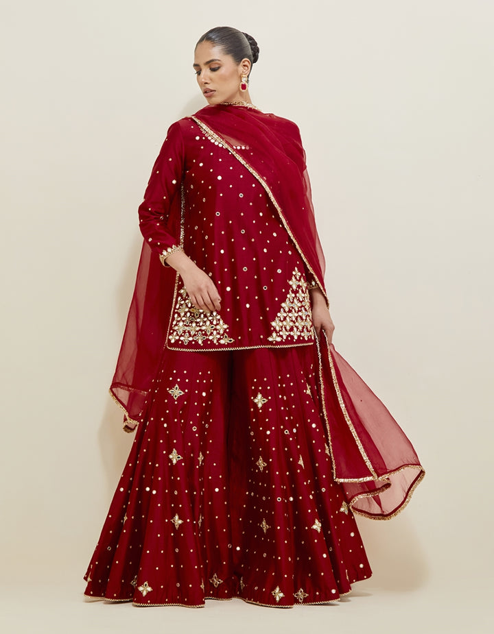 Red Hand Embroidered Chanderi Sharara Set