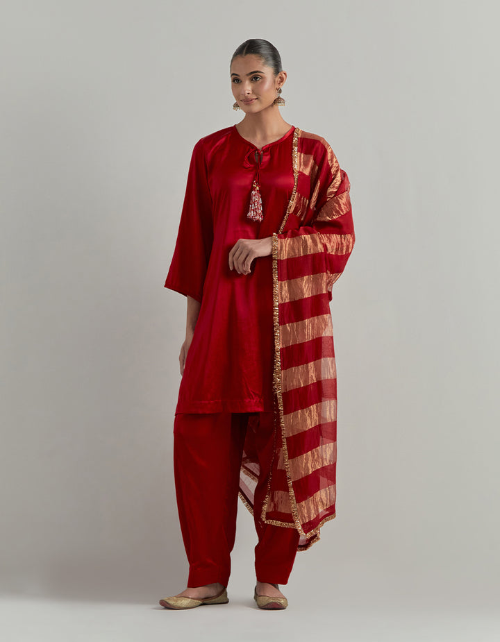 Red Satin Kurta Set