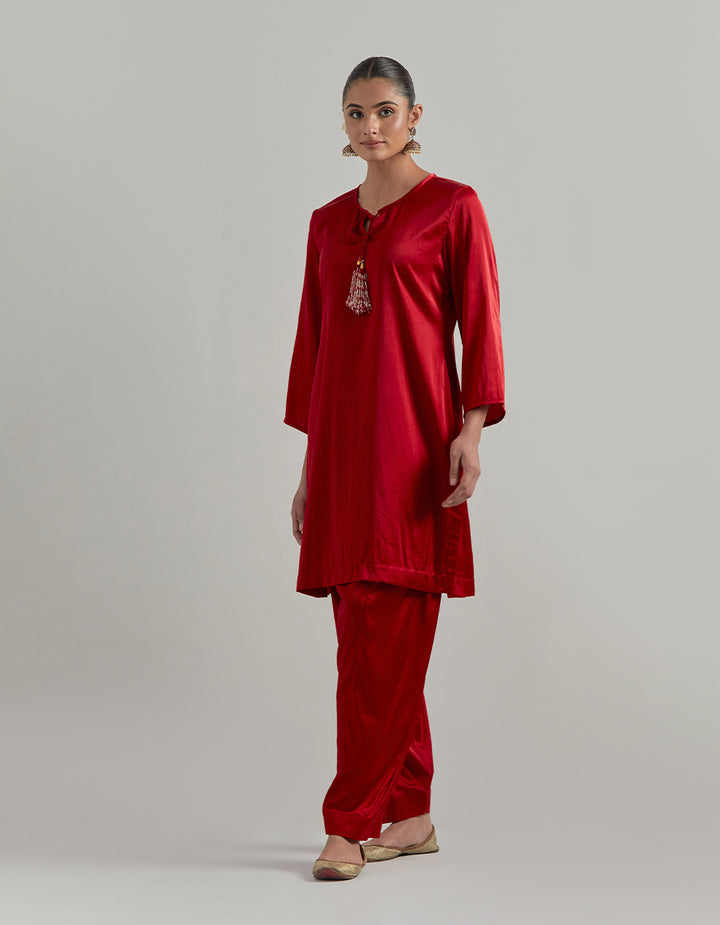 Red Satin Kurta Set