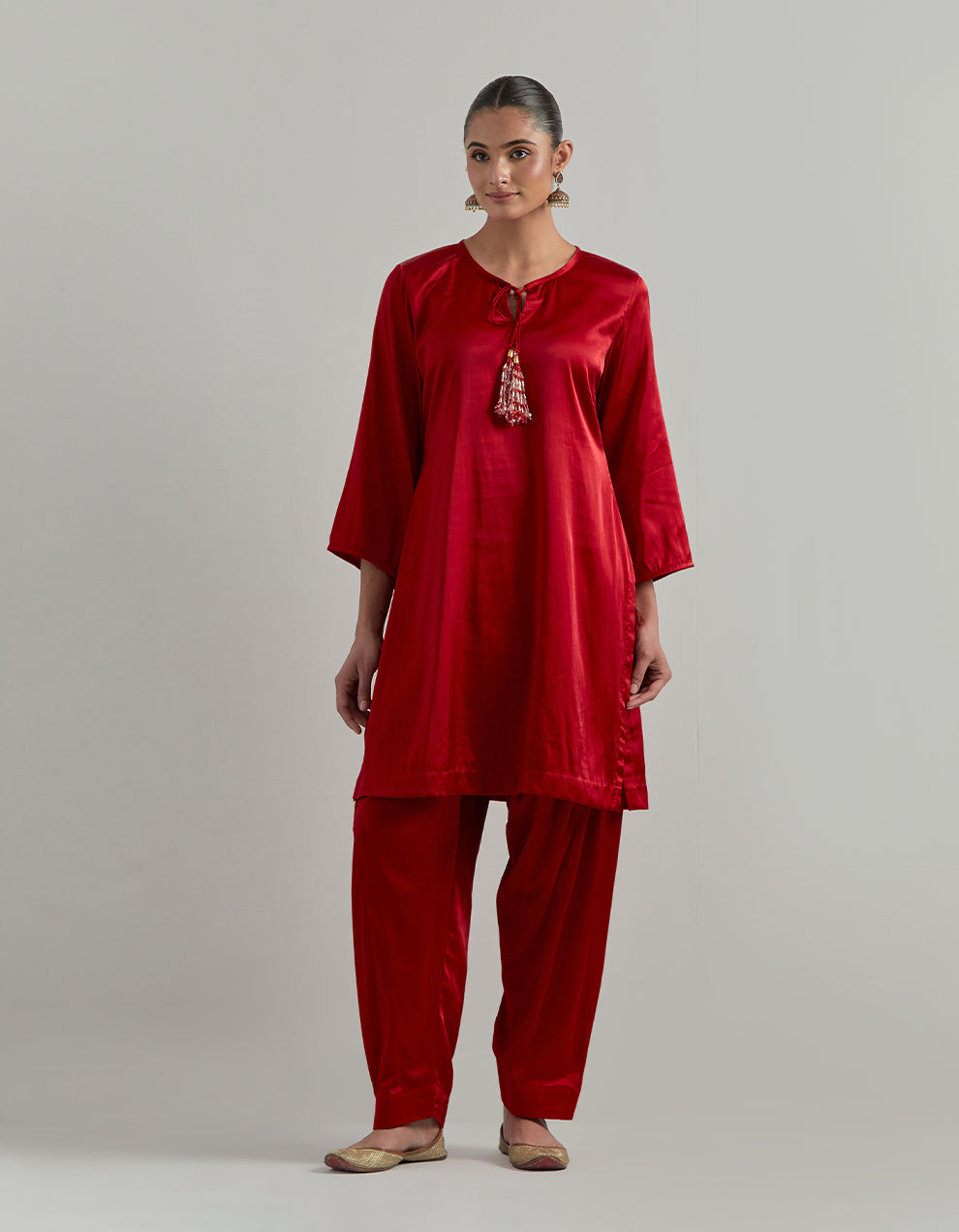 Red Satin Kurta Set