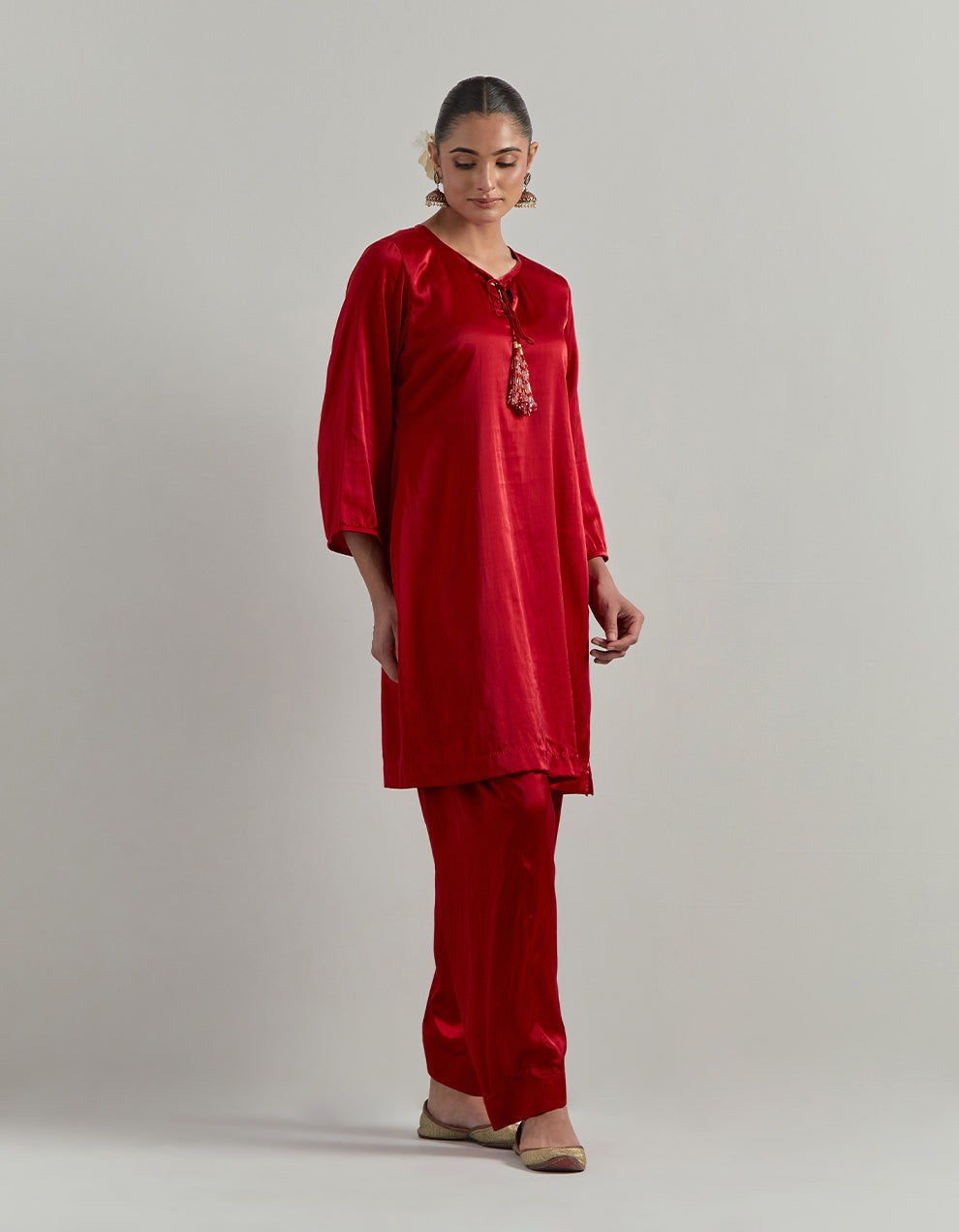 Red Satin Kurta Set