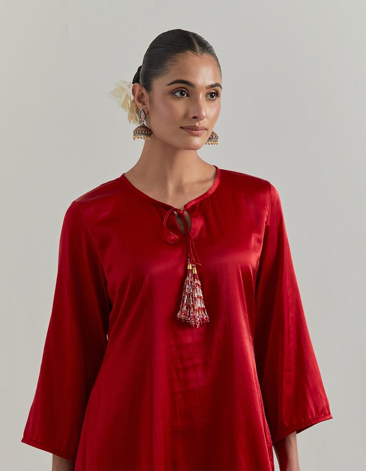 Red Satin Kurta Set