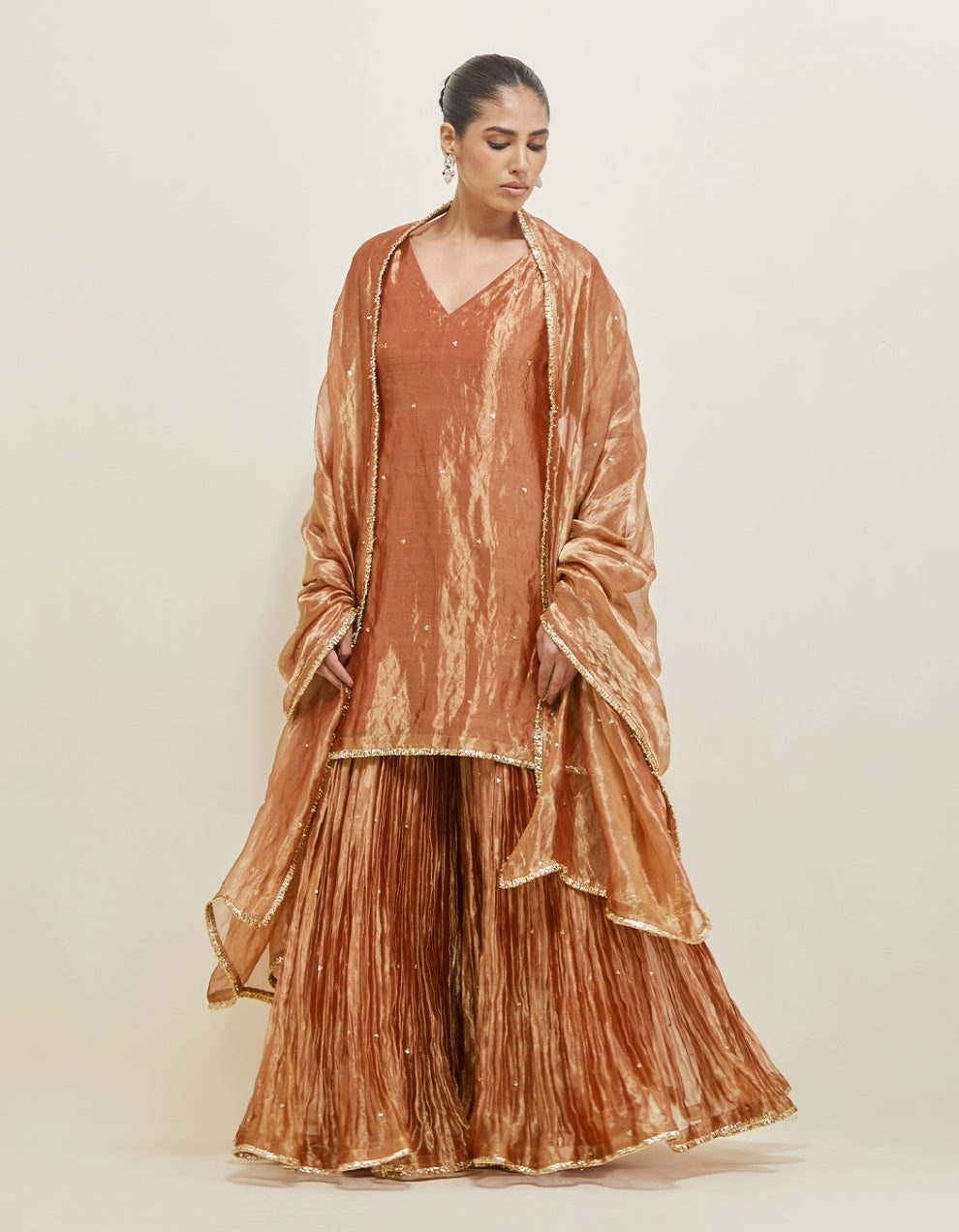 Rose Copper Embroidered Shimmer Organza Gharara Set