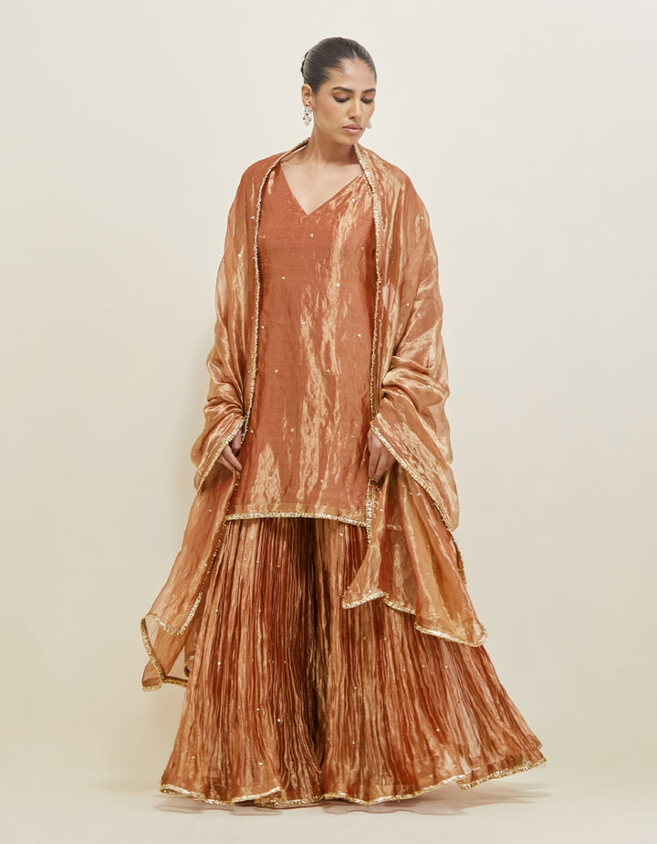 Rose Copper Embroidered Shimmer Organza Gharara Set