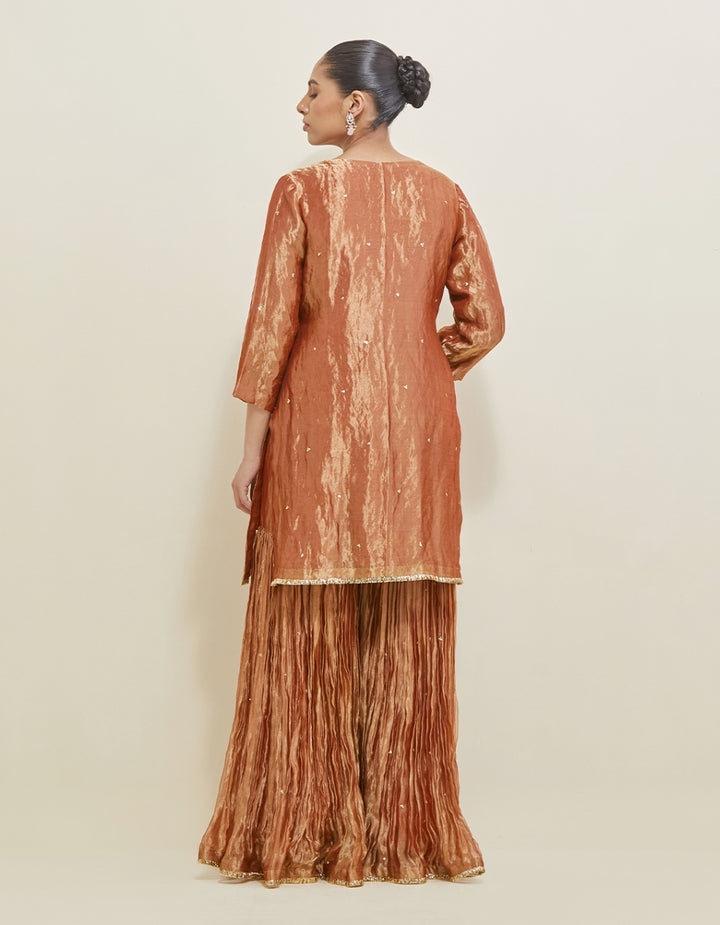 Rose Copper Embroidered Shimmer Organza Gharara Set