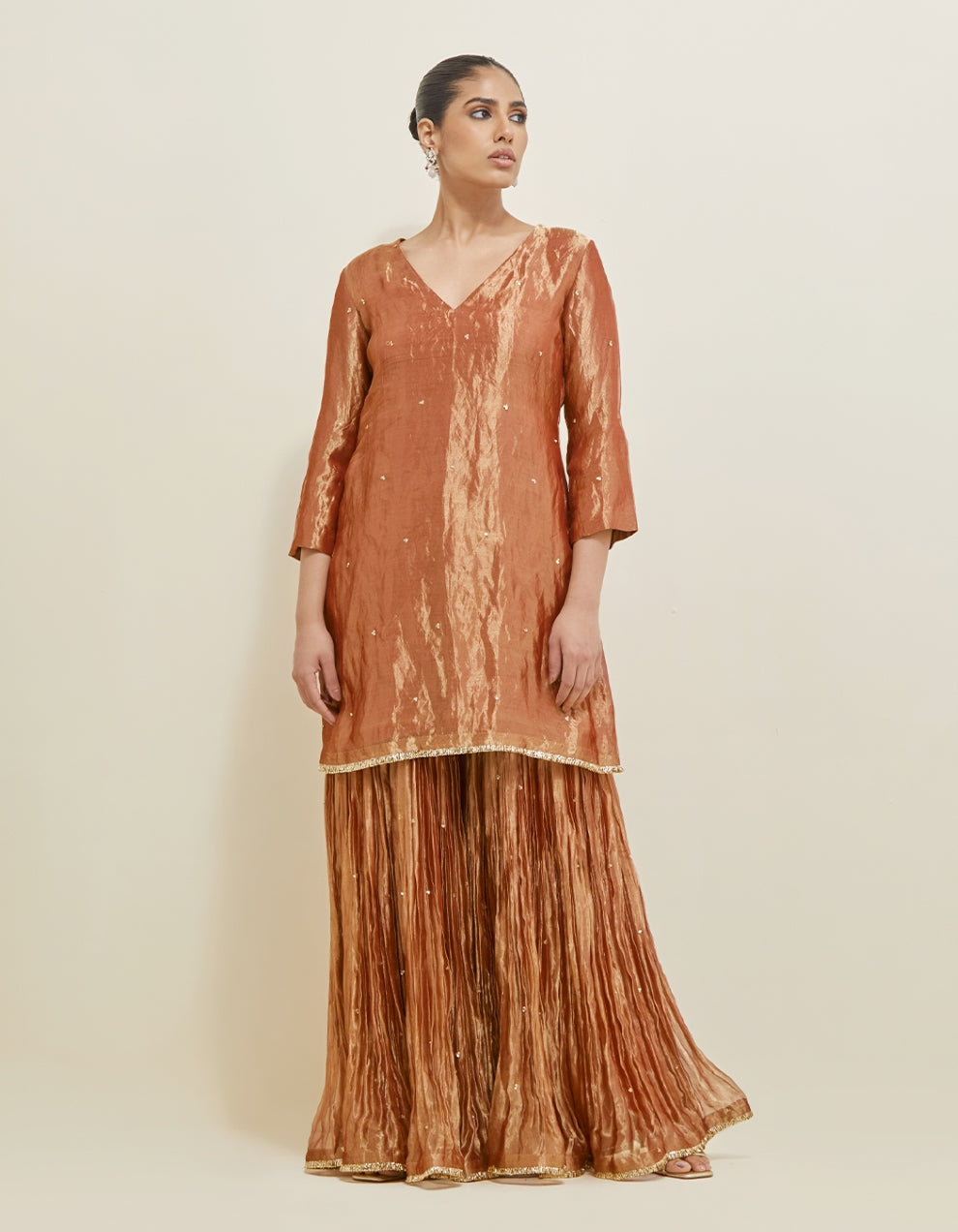Rose Copper Embroidered Shimmer Organza Gharara Set