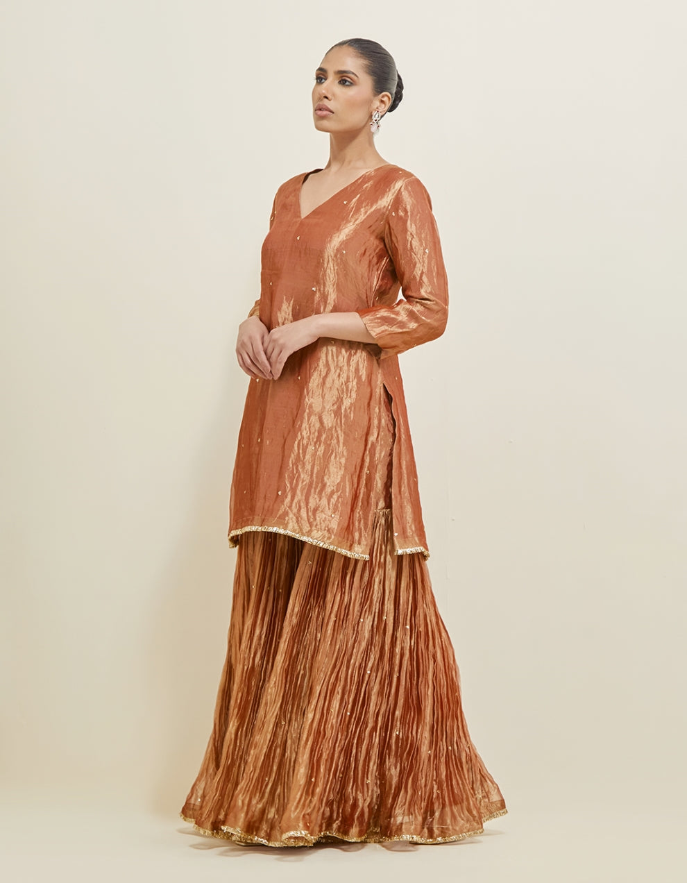Rose Copper Embroidered Shimmer Organza Gharara Set