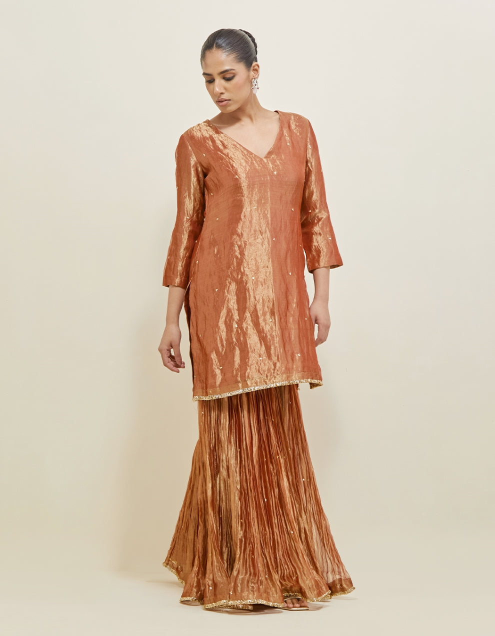 Rose Copper Embroidered Shimmer Organza Gharara Set