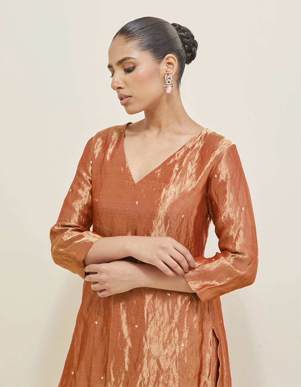 Rose Copper Embroidered Shimmer Organza Gharara Set
