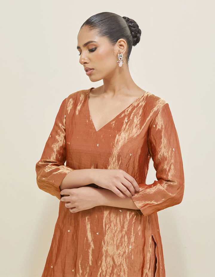 Rose Copper Embroidered Shimmer Organza Gharara Set