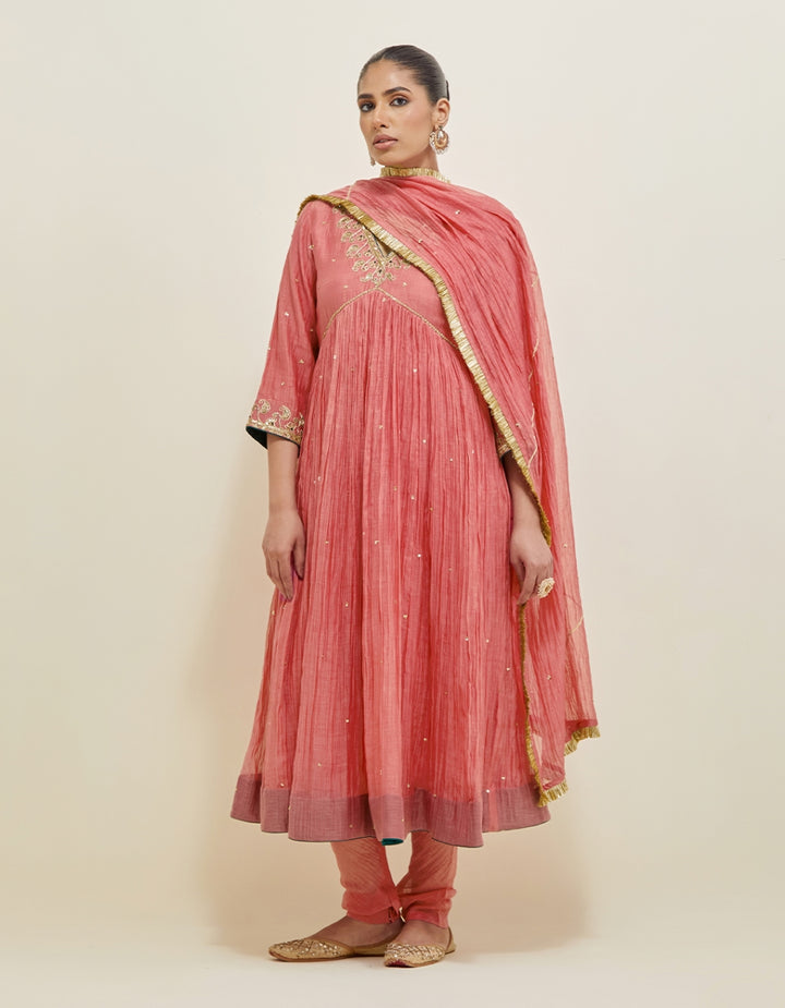 Rose Pink Embroidered Chanderi Anarkali Set