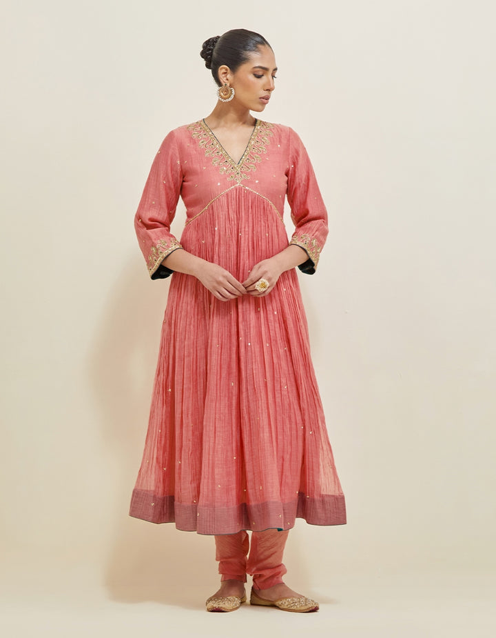Rose Pink Embroidered Chanderi Anarkali Set