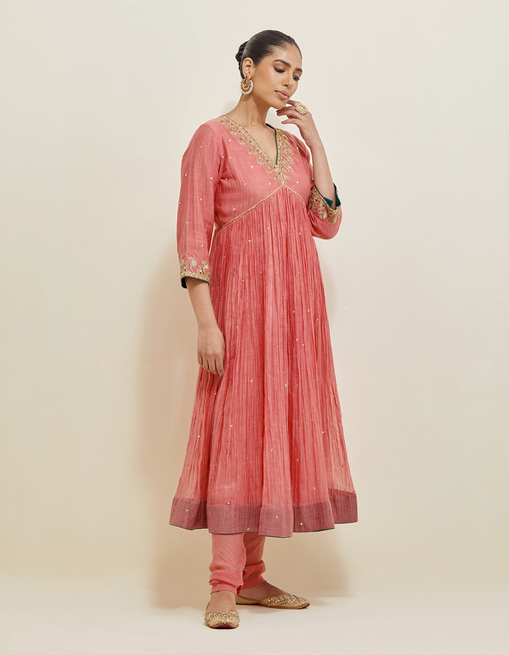 Rose Pink Embroidered Chanderi Anarkali Set