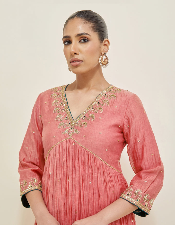 Rose Pink Embroidered Chanderi Anarkali Set