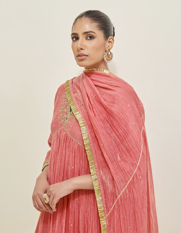 Rose Pink Embroidered Chanderi Anarkali Set