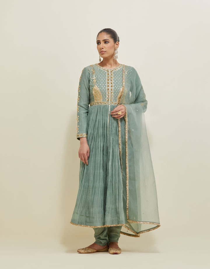 Sage Green Embroidered Chanderi Anarkali Set
