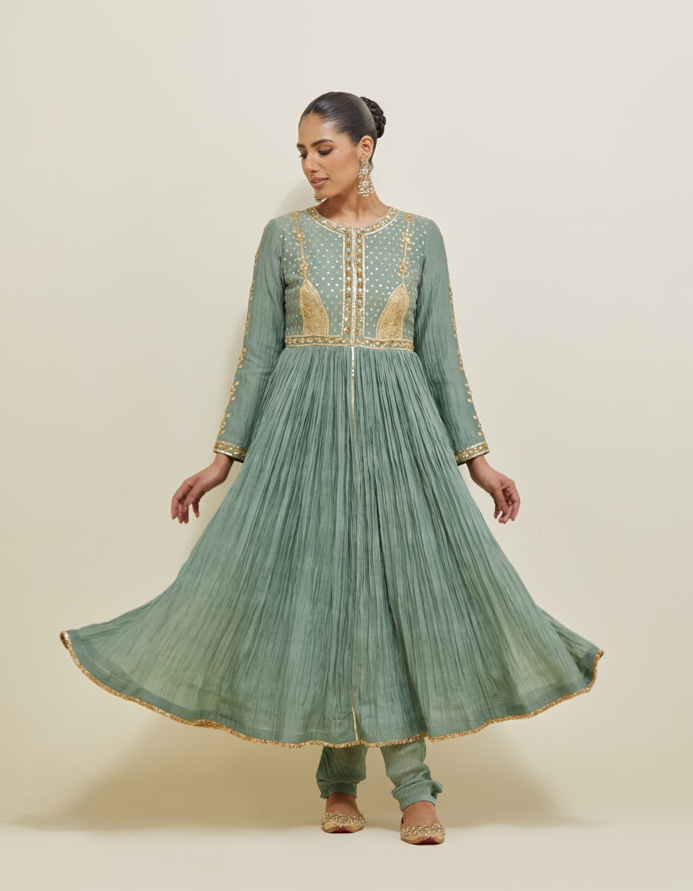 Sage Green Embroidered Chanderi Anarkali Set