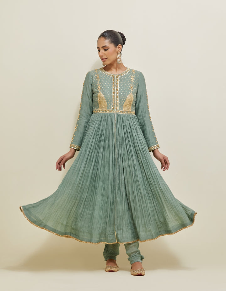 Sage Green Embroidered Chanderi Anarkali Set