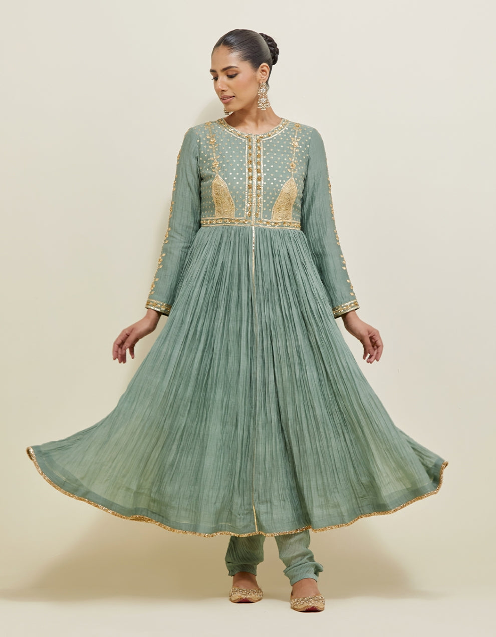 Sage Green Embroidered Chanderi Anarkali Set