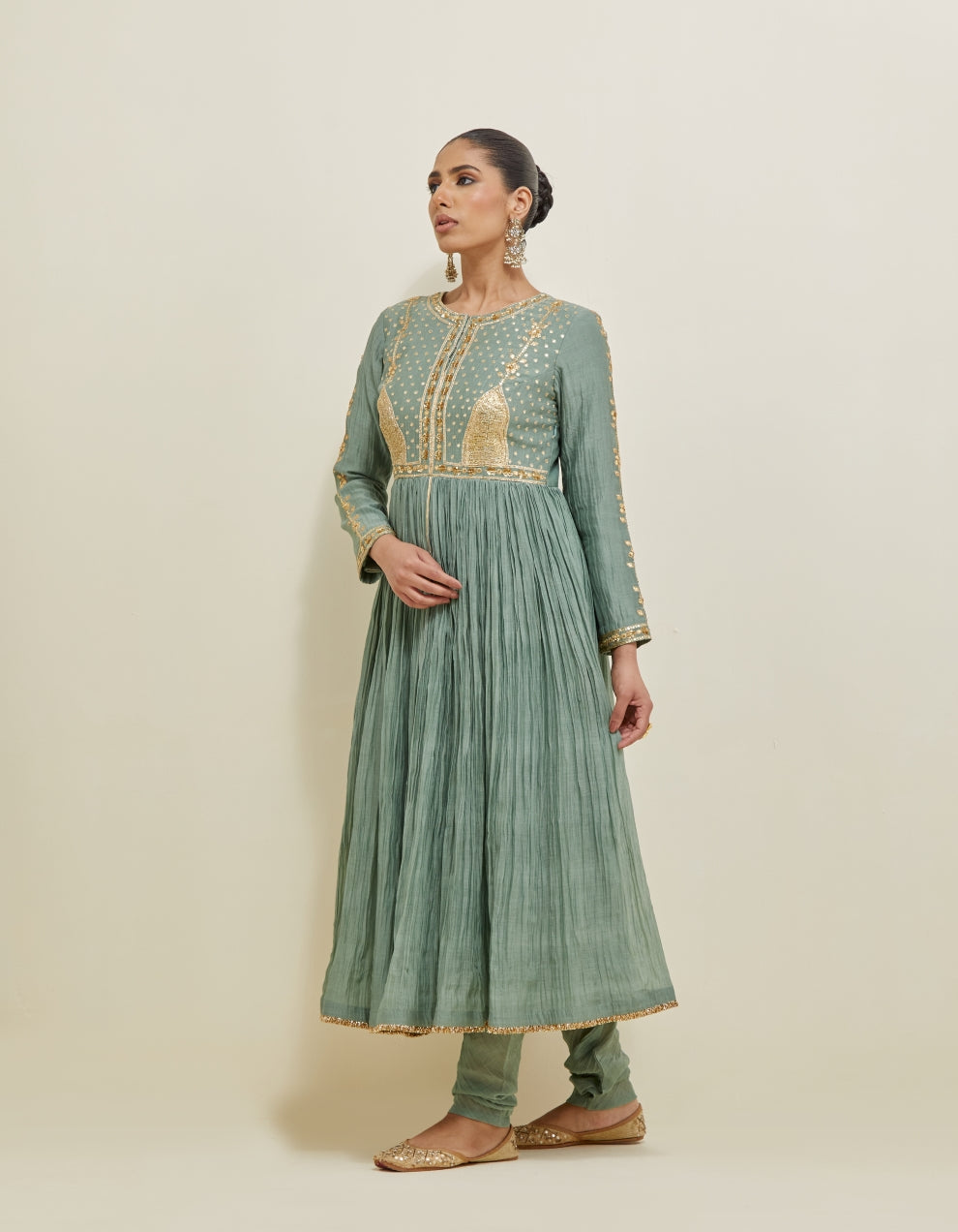 Sage Green Embroidered Chanderi Anarkali Set