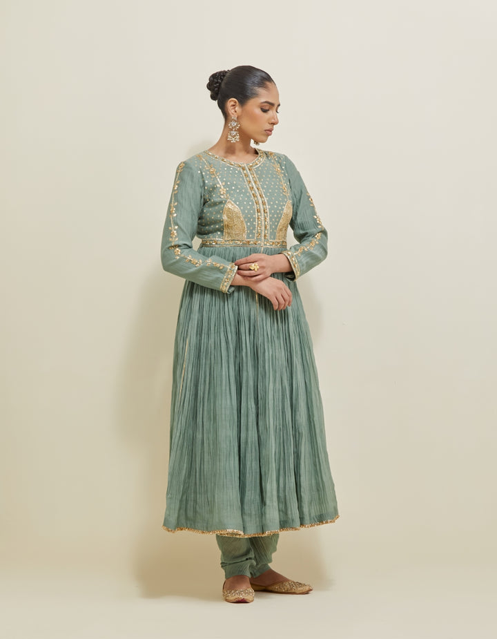 Sage Green Embroidered Chanderi Anarkali Set