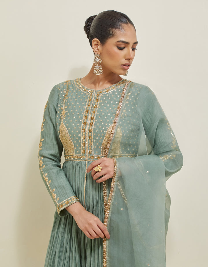 Sage Green Embroidered Chanderi Anarkali Set