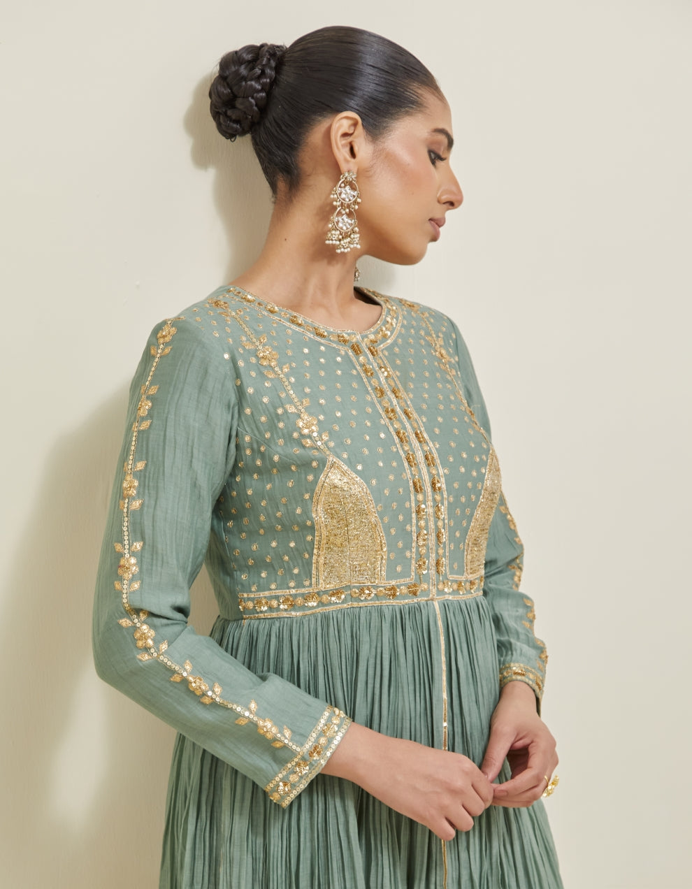 Sage Green Embroidered Chanderi Anarkali Set