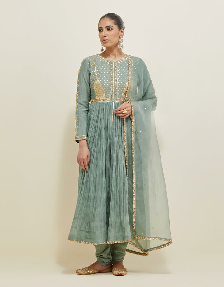 Sage Green Embroidered Chanderi Anarkali Set
