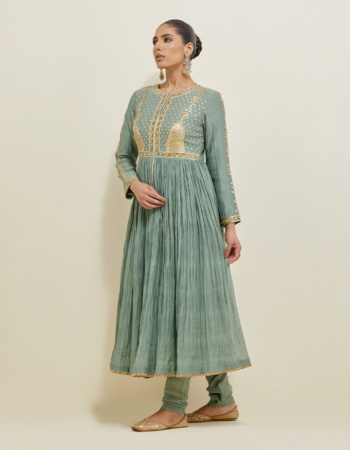 Sage Green Embroidered Chanderi Anarkali Set