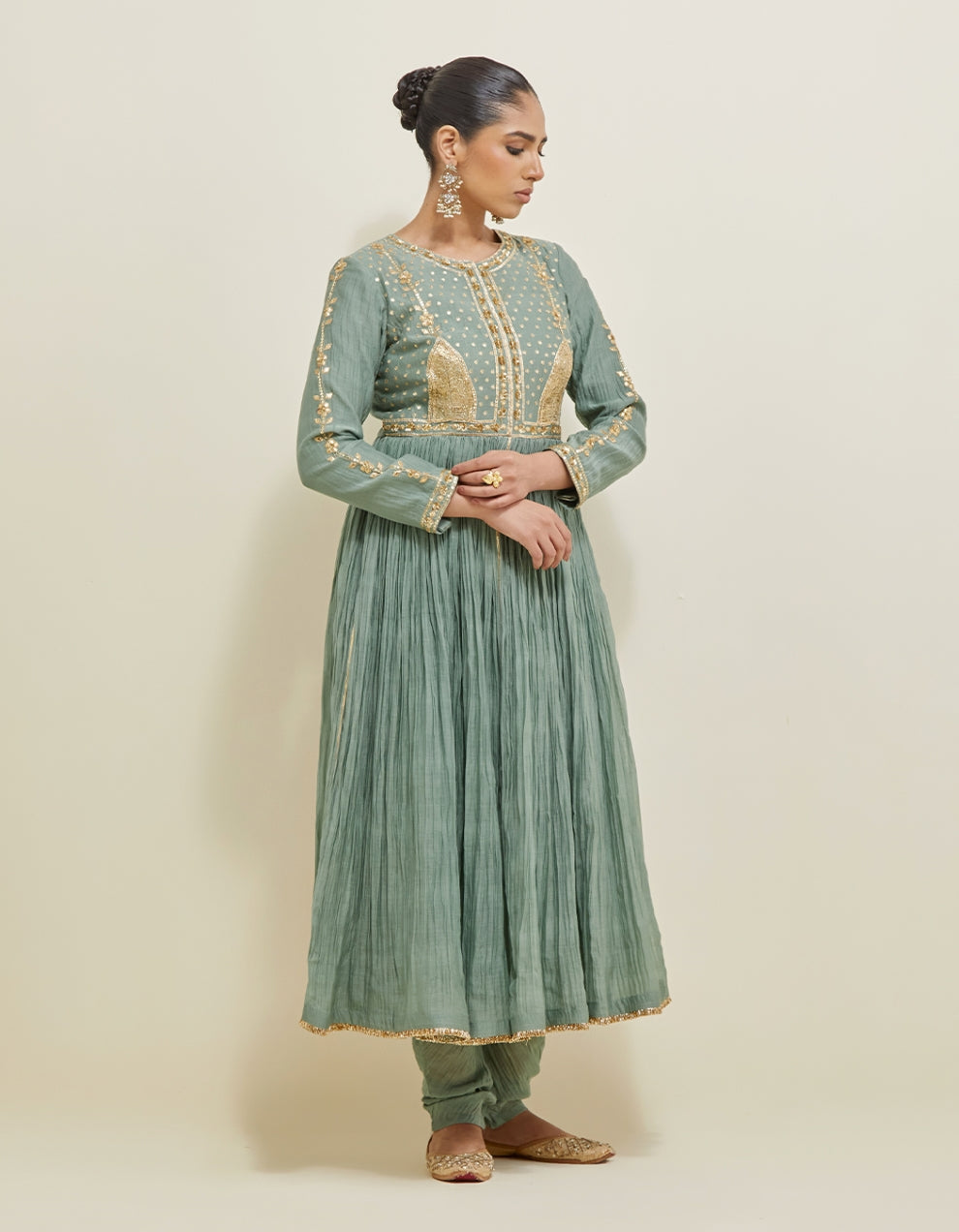 Sage Green Embroidered Chanderi Anarkali Set