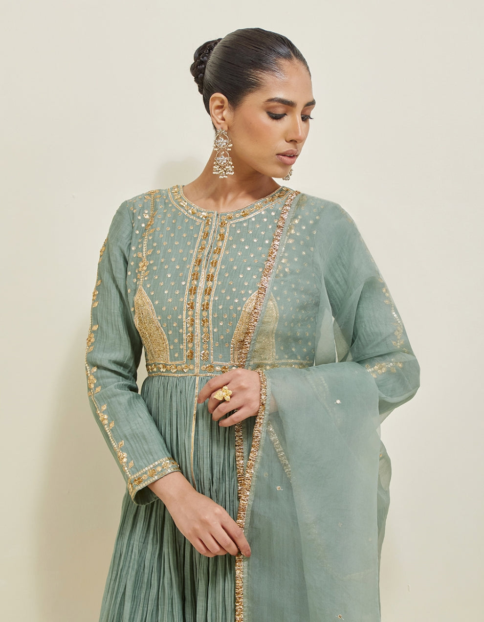 Sage Green Embroidered Chanderi Anarkali Set