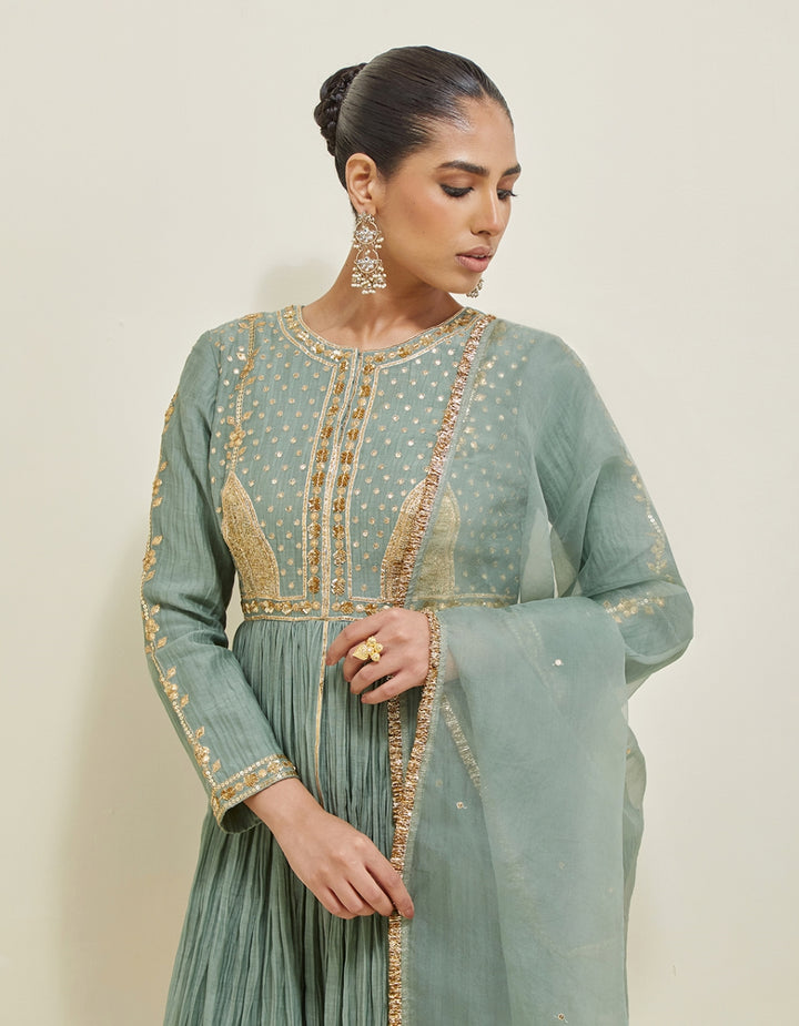 Sage Green Embroidered Chanderi Anarkali Set