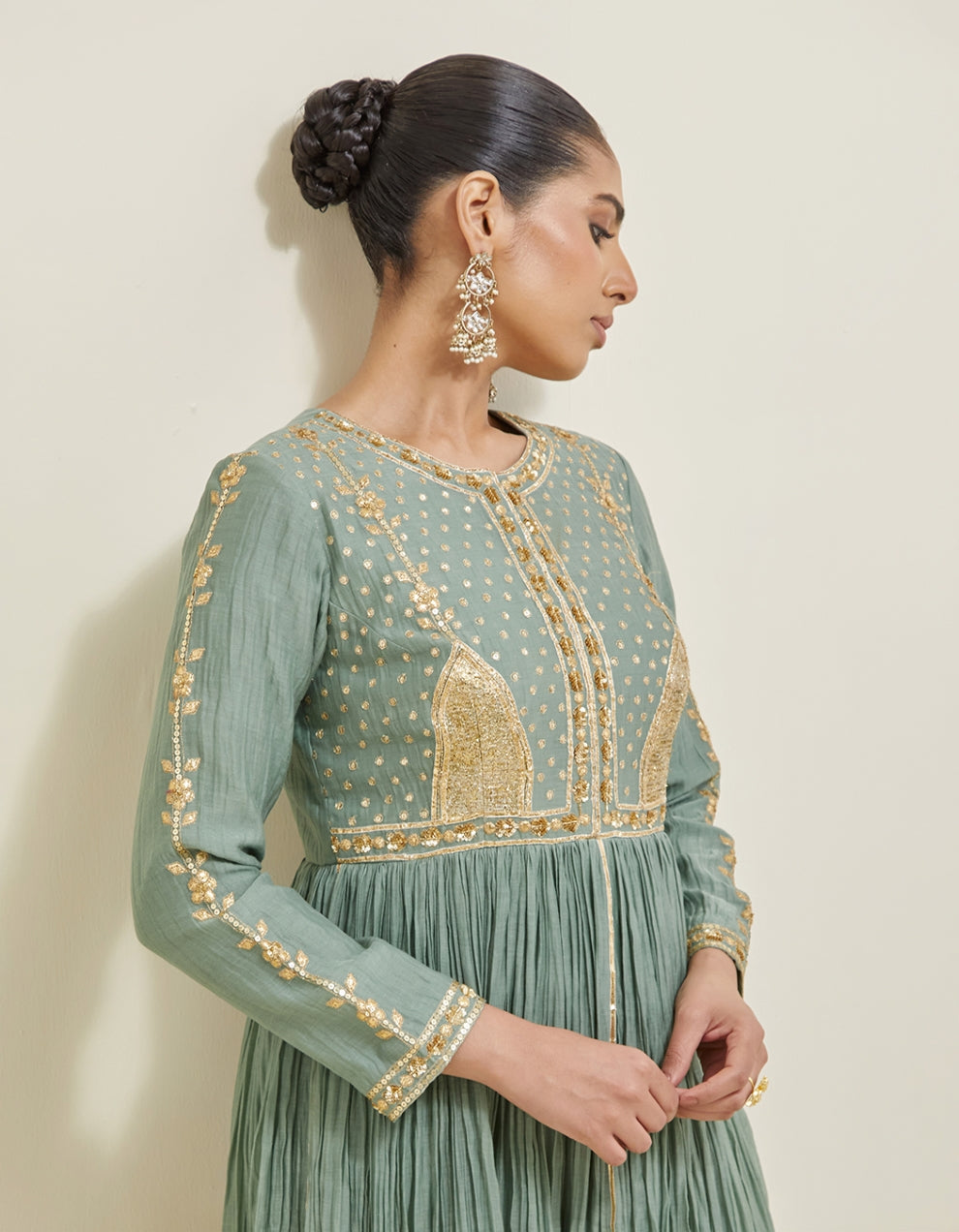 Sage Green Embroidered Chanderi Anarkali Set