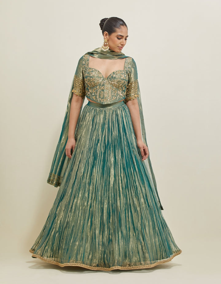 Sea Green Hand Embroidered Shimmer Organza Lehenga Set