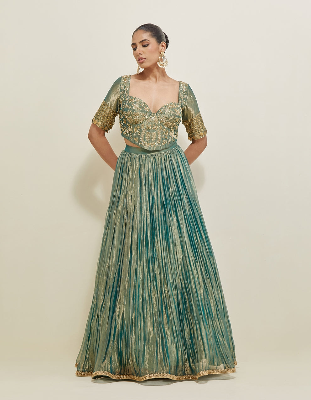 Sea Green Hand Embroidered Shimmer Organza Lehenga Set