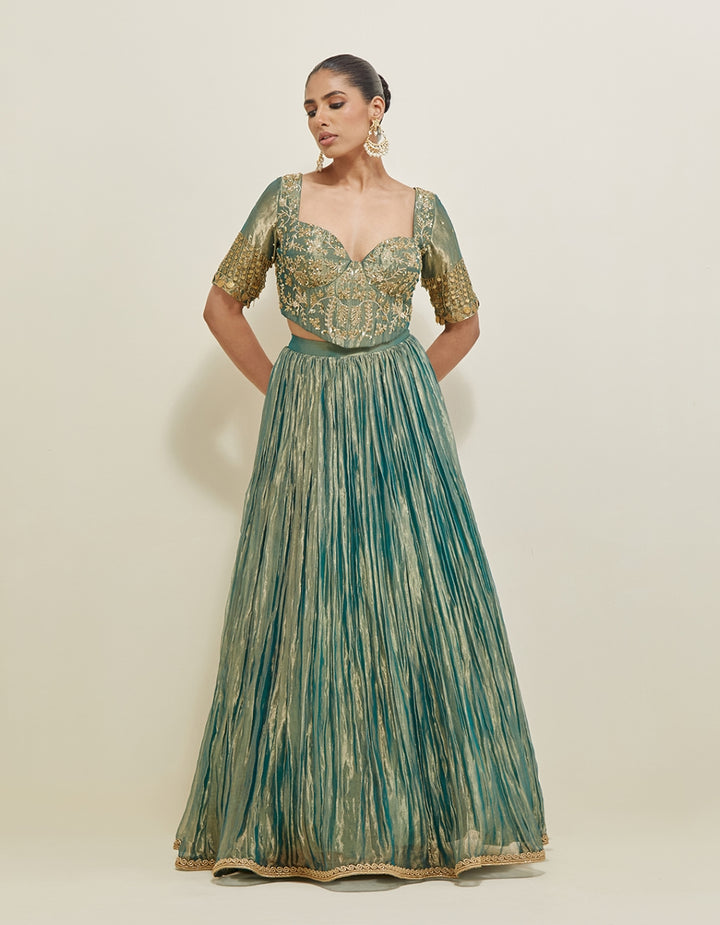 Sea Green Hand Embroidered Shimmer Organza Lehenga Set