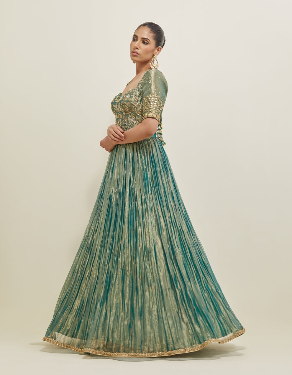 Sea Green Hand Embroidered Shimmer Organza Lehenga Set