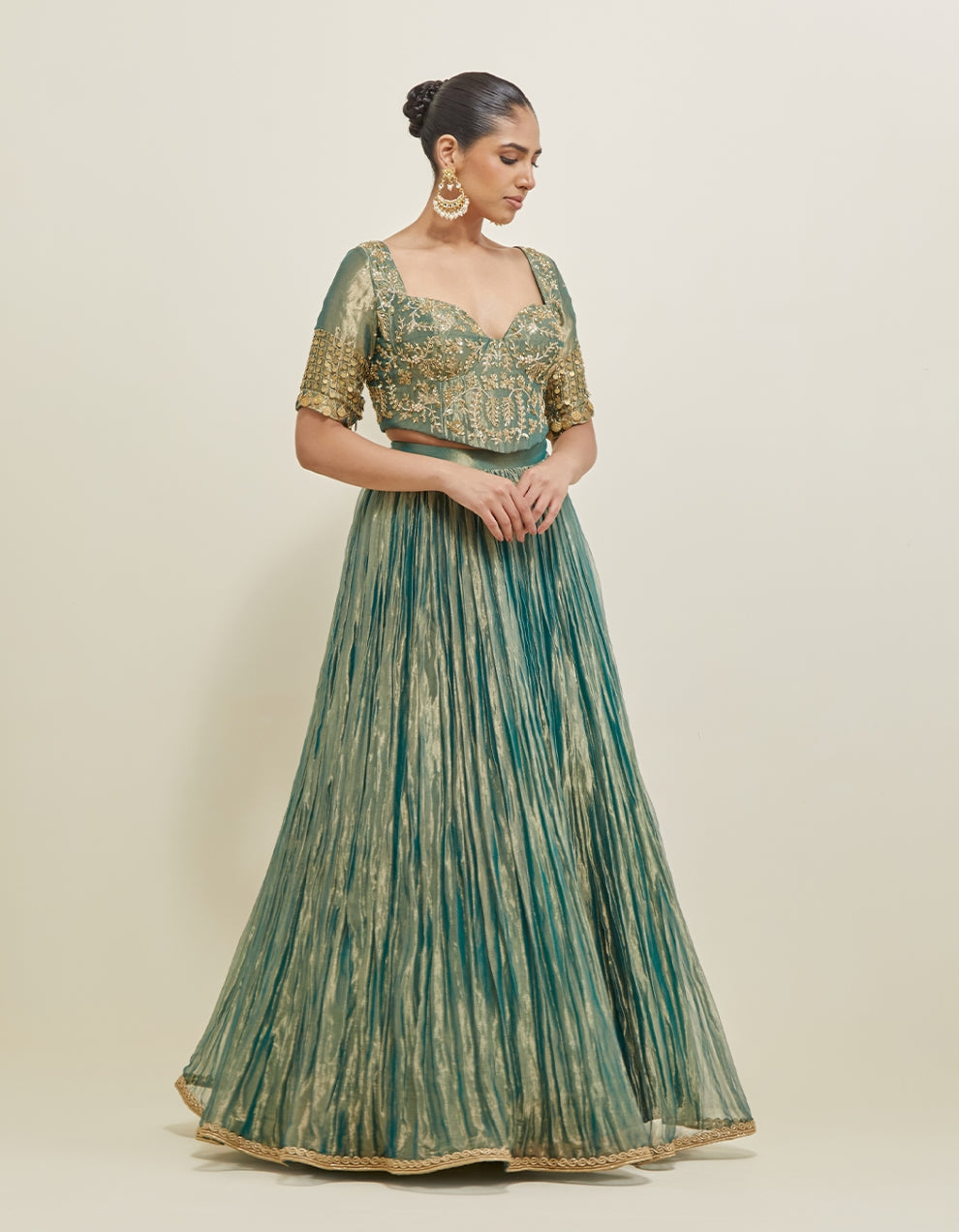 Sea Green Hand Embroidered Shimmer Organza Lehenga Set