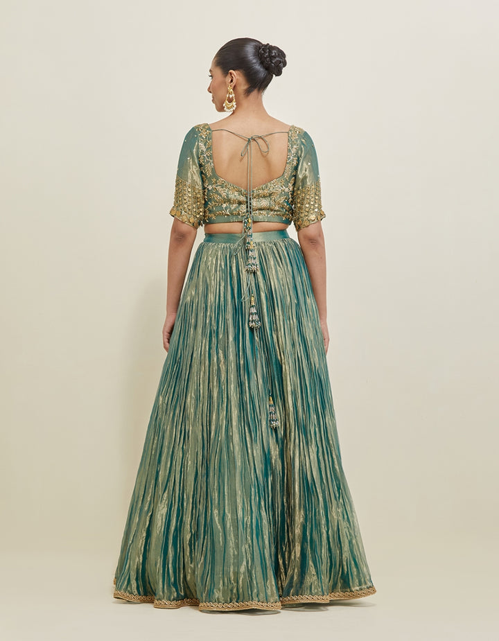 Sea Green Hand Embroidered Shimmer Organza Lehenga Set