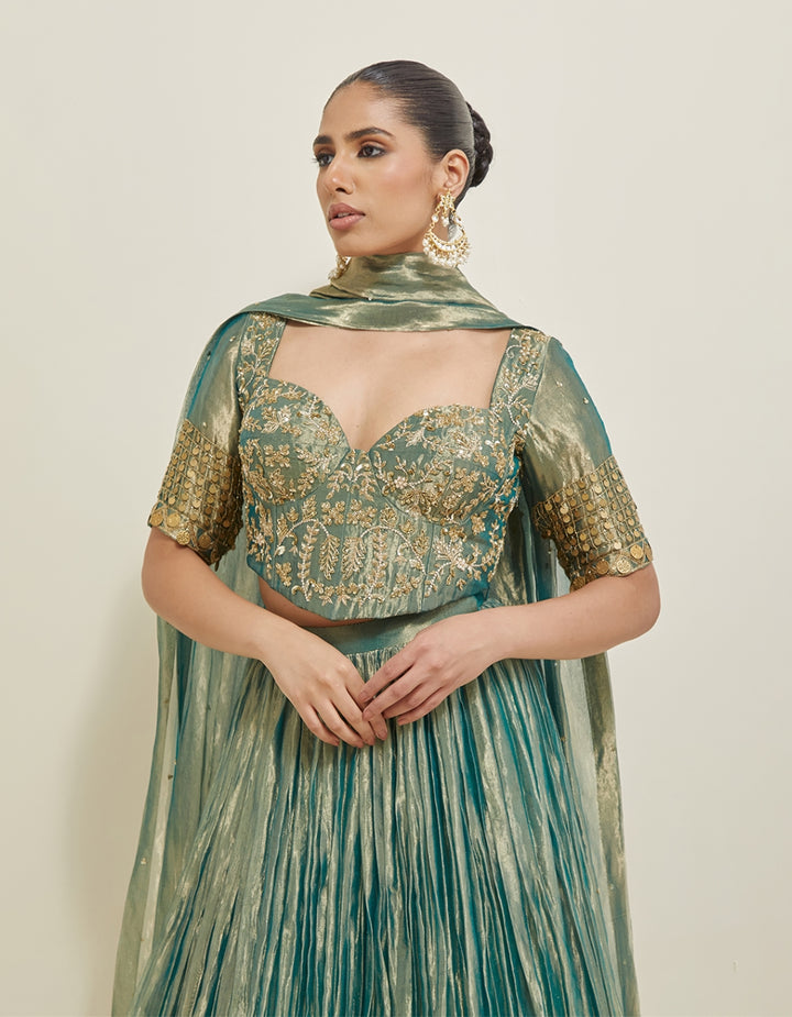 Sea Green Hand Embroidered Shimmer Organza Lehenga Set