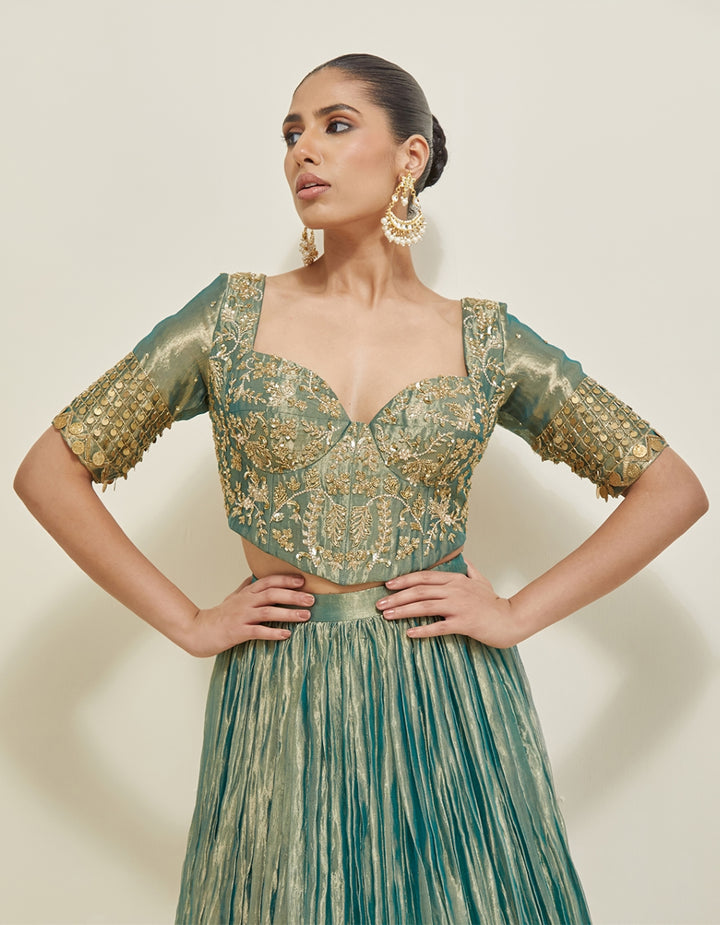 Sea Green Hand Embroidered Shimmer Organza Lehenga Set