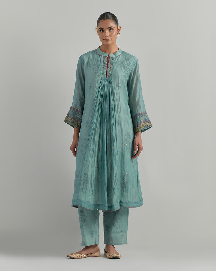 Sky Blue Block Printed Chanderi Suit