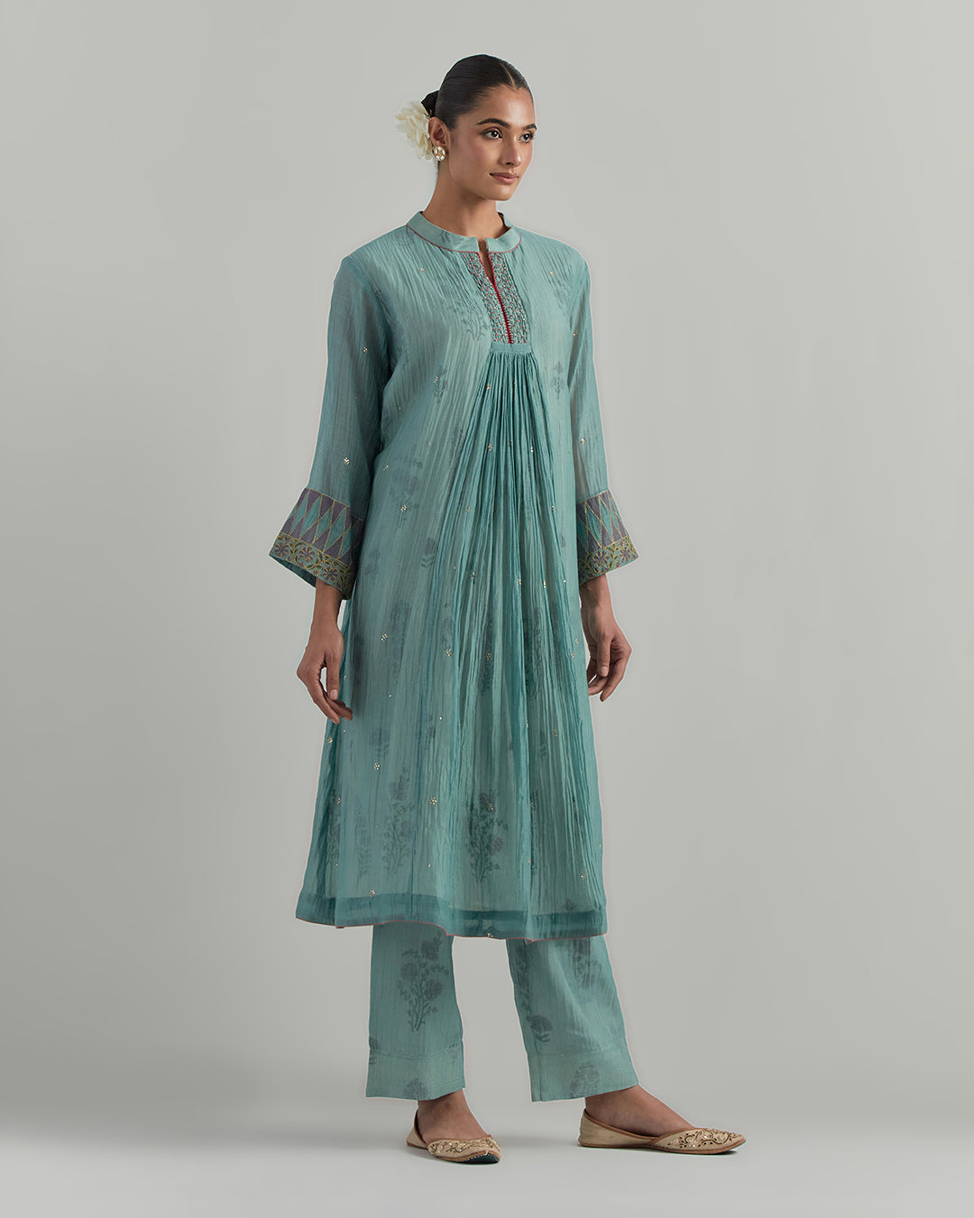 Sky Blue Block Printed Chanderi Suit