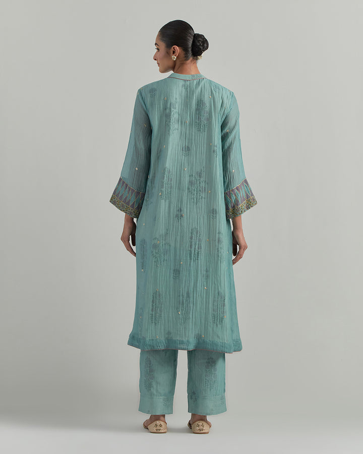 Sky Blue Block Printed Chanderi Suit