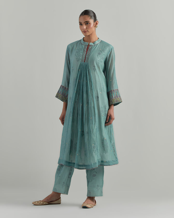 Sky Blue Block Printed Chanderi Suit