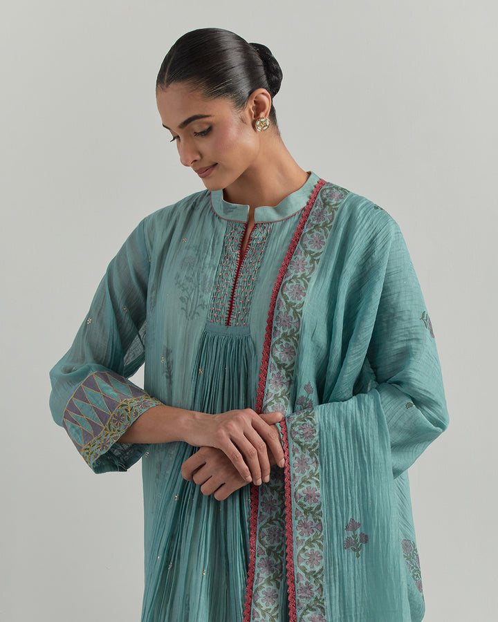 Sky Blue Block Printed Chanderi Suit