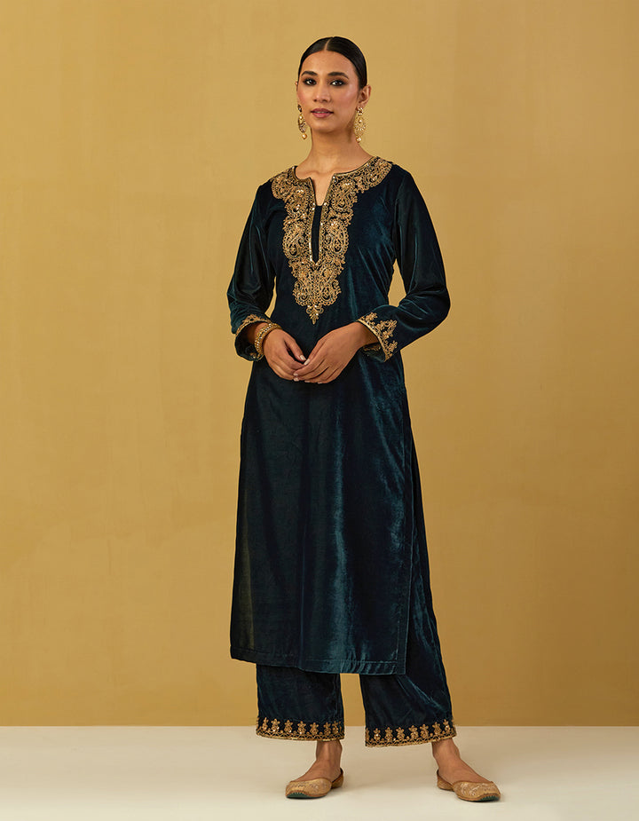Teal Blue Silk Velvet Embroidered Kurta With Pants And Dupatta