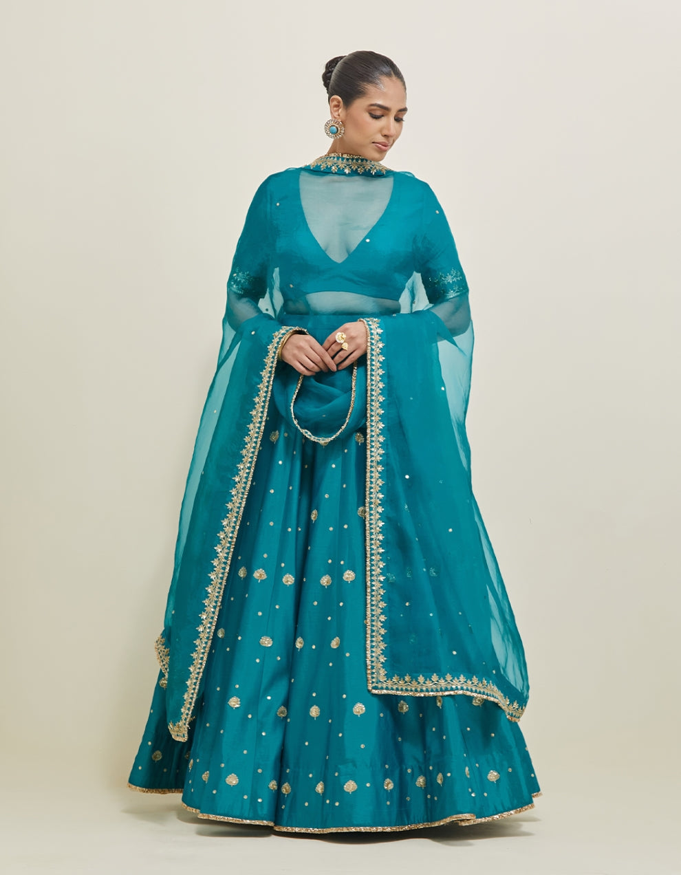 Turquoise Hand Embroidered Chanderi Lehenga Set