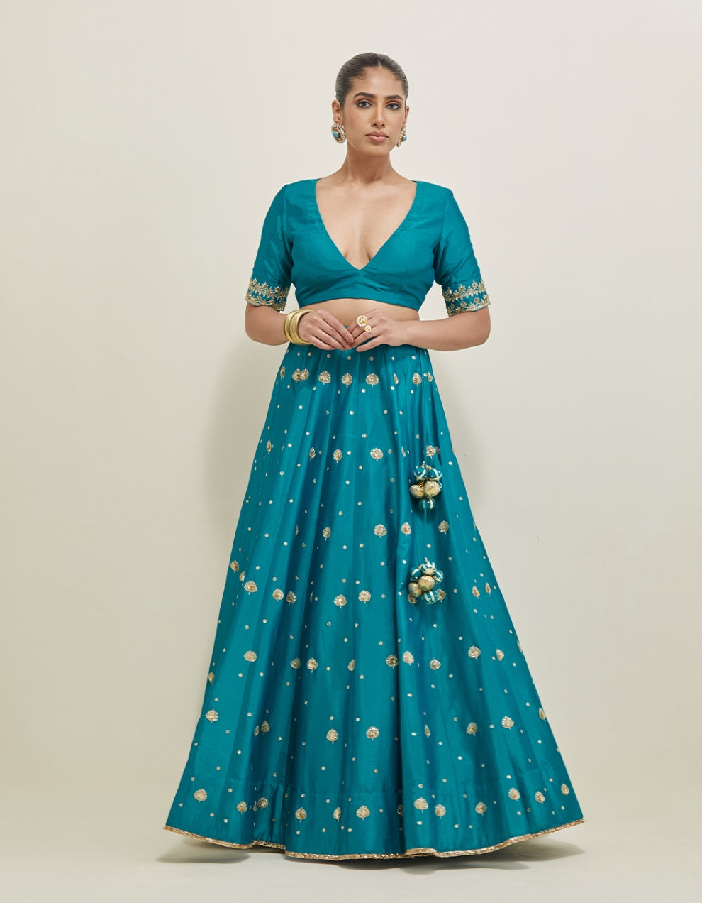 Turquoise Hand Embroidered Chanderi Lehenga Set